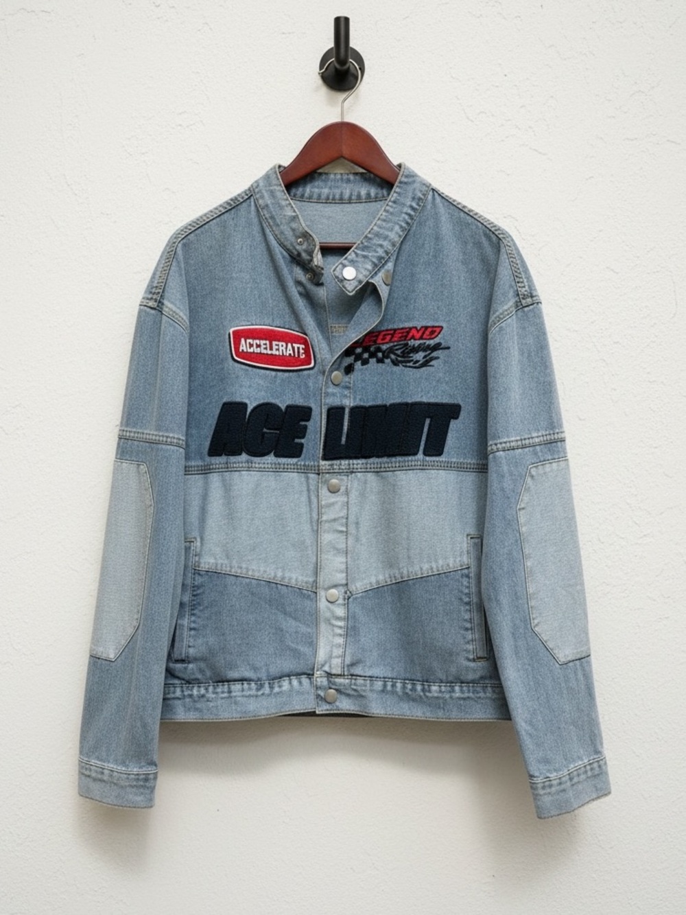 Romwe Light Wash Denim Racer Patches Streetwear Worn-In Jacket Size XL